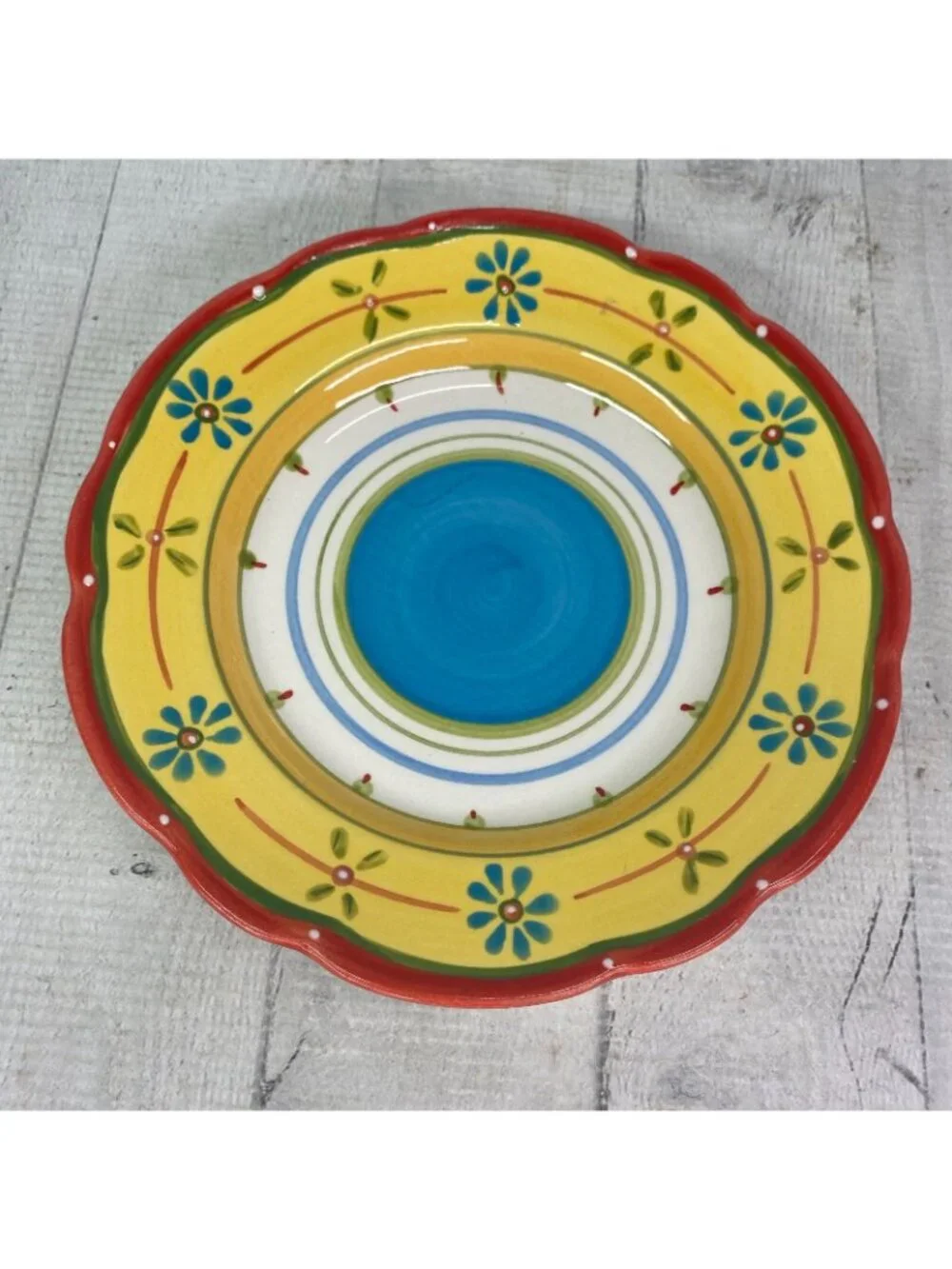 Culinary Arts PETIT JARDIN Yellow Blue Flower Scallop Ceramic Salad Plate Set 4